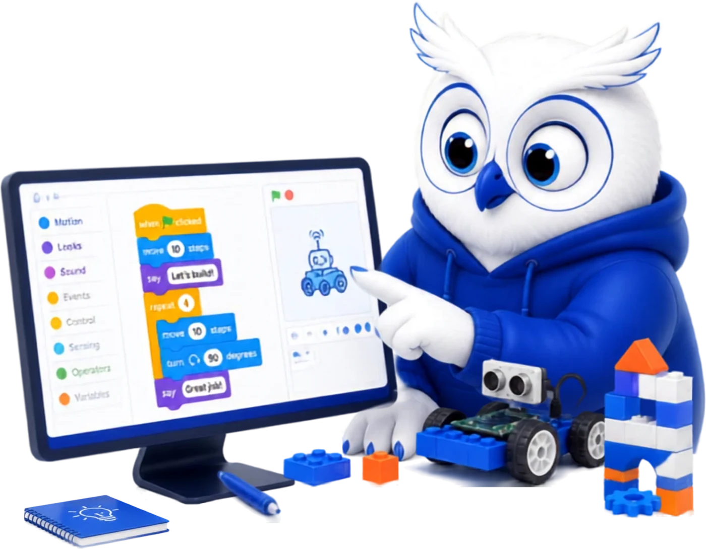 BUMA owl building a robot with block code